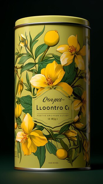 노란색과 초록색 패을 가진 Loquat Tin Can 포장 Loq 개념 포스터 메뉴 아트