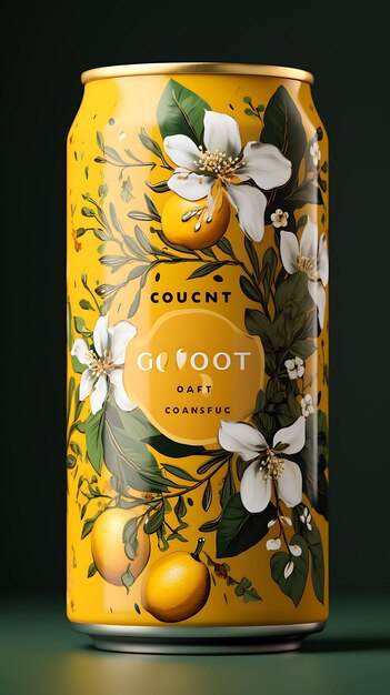 노란색과 초록색 패을 가진 Loquat Tin Can 포장 Loq 개념 포스터 메뉴 아트