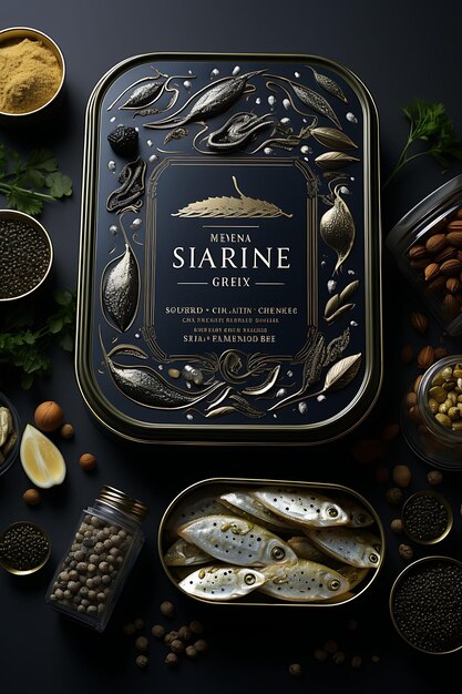 Photo packaging of luxury sardine tin presentation navy and silver palette sard concept poster menu art