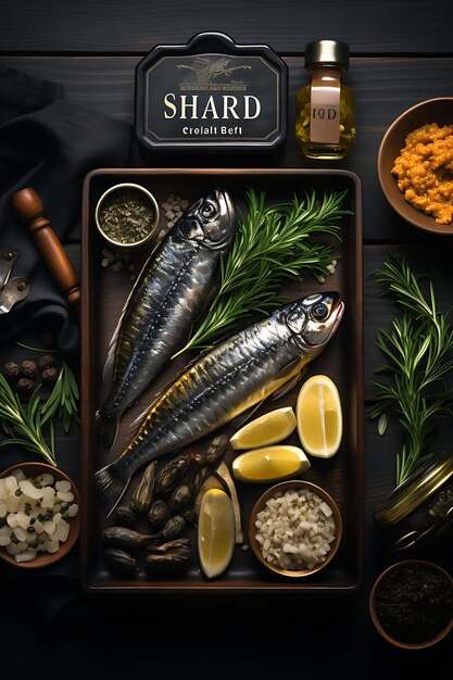 Photo packaging of luxury sardine tin presentation navy and silver palette sard concept poster menu art