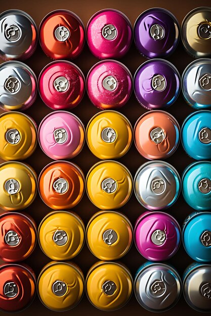 Photo packaging photoshoot of a 12pack of colorful soda cans arranged in a pyram creative design set