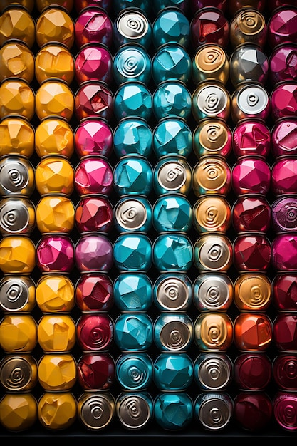 Packaging Photoshoot of a 12Pack of Colorful Soda Cans Arranged in a Pyram Creative Design Set