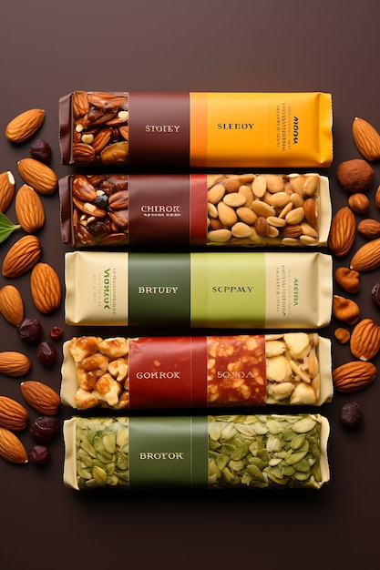 Packaging photoshoot of a mixed set of vegan protein bar wrappers shot as a creative design set