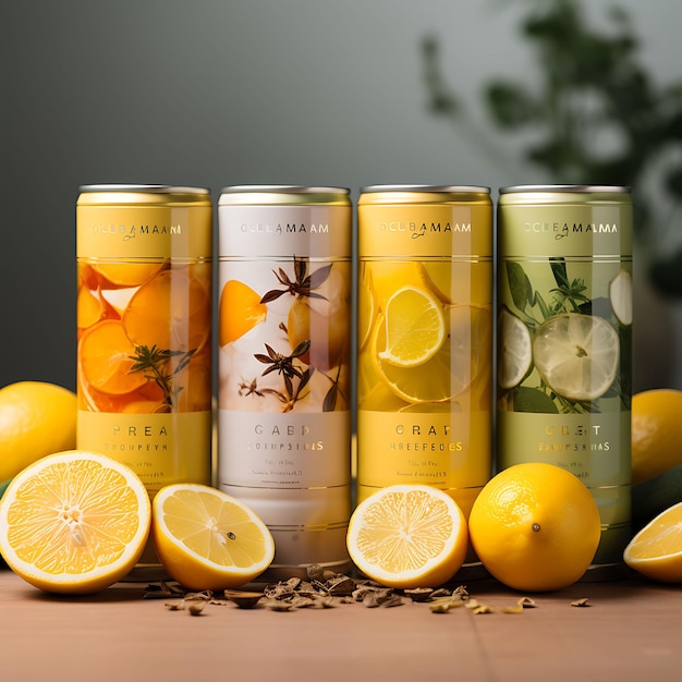 Packaging Photoshoot of a Set of 3 Slim Canned Teas With Modern Flavor Prof Creative Design Set