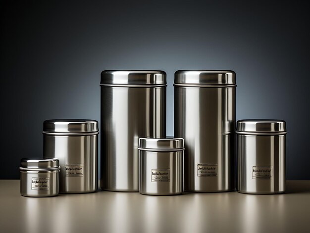 Packaging Photoshoot of a Set of Stainless Steel Tea Cans Arranged on a Neu Creative Design Set