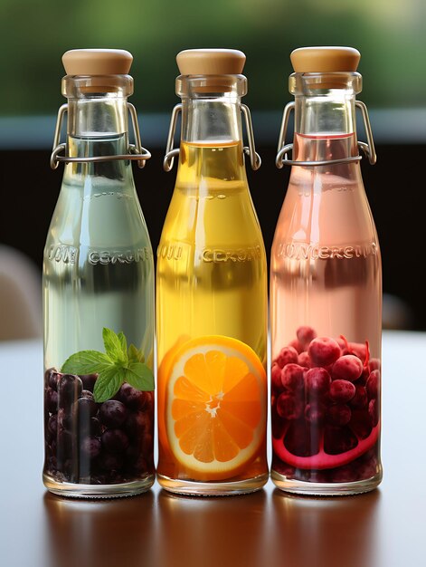 Photo packaging photoshoot of a trio of glass juice bottles with calligraphy labe creative design set