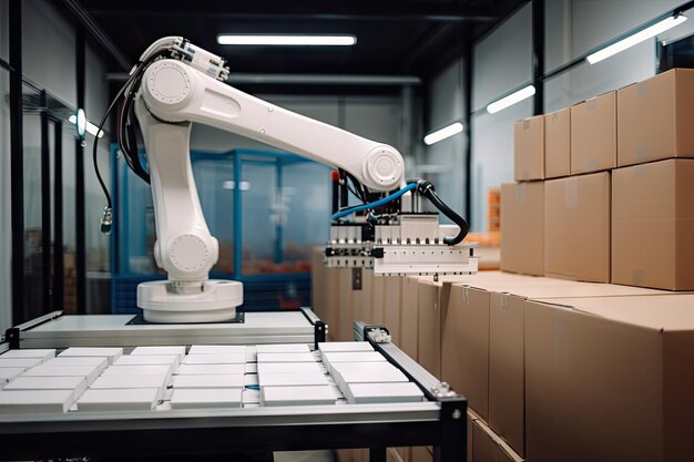 Packaging and sorting robot with hands on its sides reaching for boxes created with generative ai