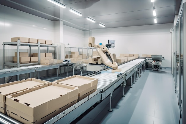 Packaging and sorting robots in futuristic hightech factory created with generative ai