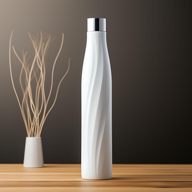 Photo packaging of tall and slender bottle slim silhouette design frosted plast blank clean simple design