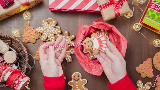 Packaging traditional home made gingerbread cookies as food gifts.