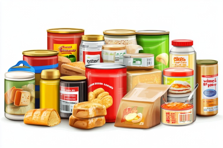 Фотография упакованные продукты для приготовления пищи, товары супермаркетов и консервированные продукты питания