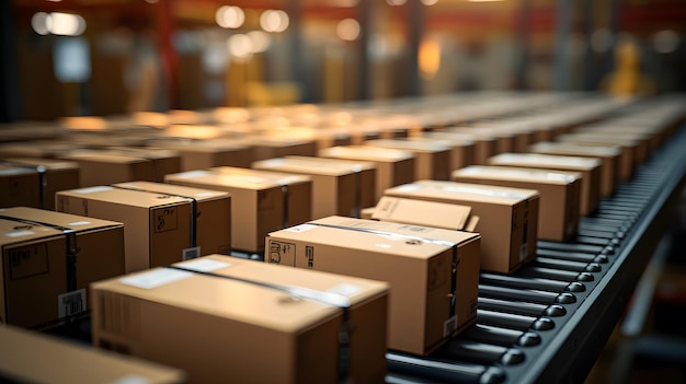 Packed courier on production line against cardboard boxes in warehouse