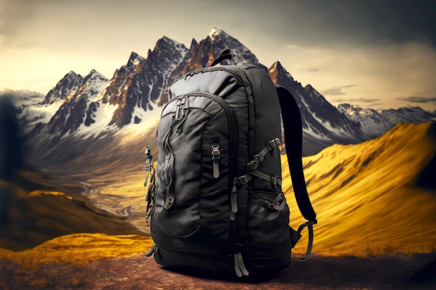 Packed hiking travel backpack stands on high hill against backdrop of mountains