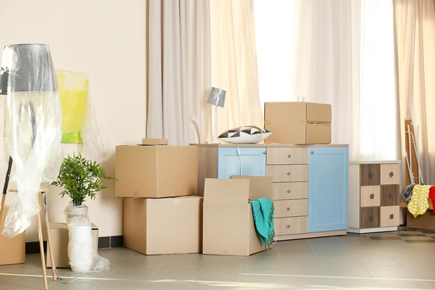 Photo packed household goods for moving into new house