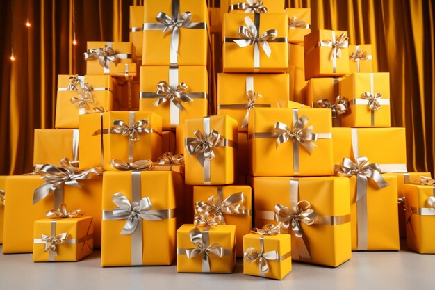 Packed room boundless yellow gifts adorn banners for merry occasions festive exuberance