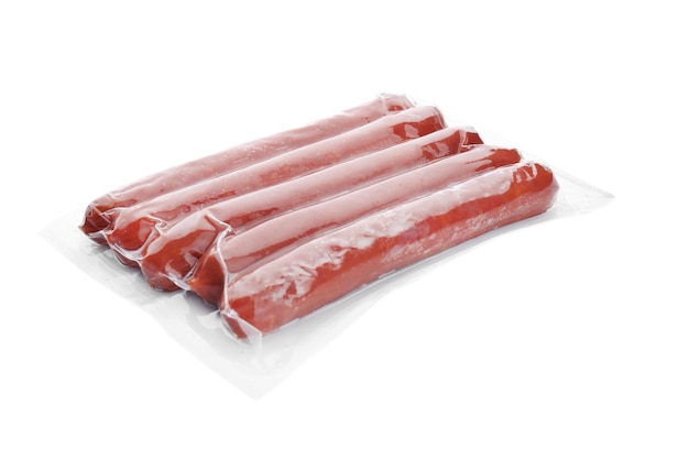 Packed sausages on white background