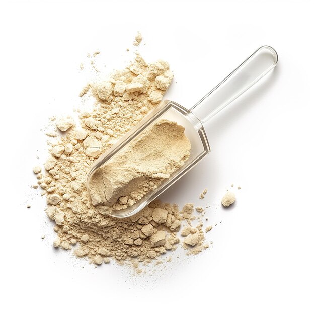 A packet of organic pea protein powder with a clear measuring scoop top view isolated on a transpare