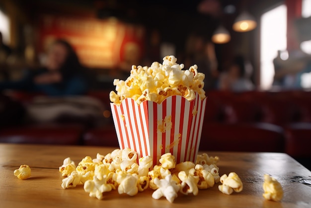 A packet of popcorn on a table in a cafe