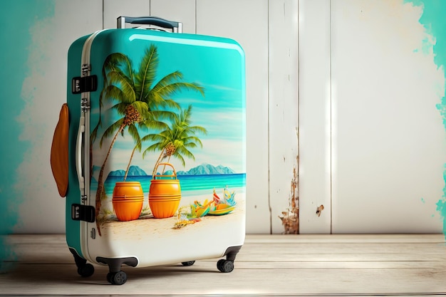 Packing for vacation with suitcases on a white hardwood background in a studio