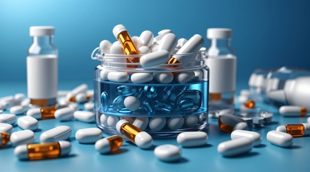 Packings of pills and capsules of medicines above blue table