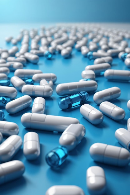 Packings of pills and capsules of medicines above blue table