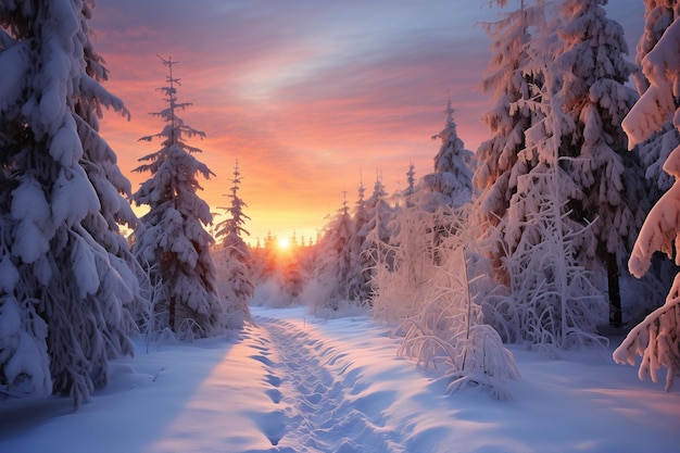 pad in een besneeuwd bos bij zonsondergang