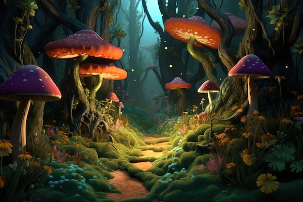 Pad in het fantasiebos met planten en bloemen in levendige kleuren, paddenstoelen en magische lichten