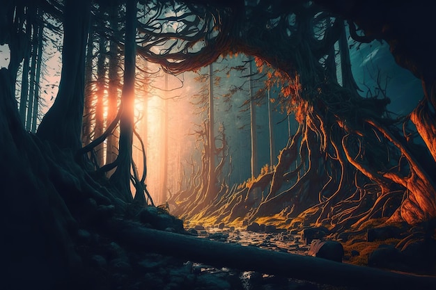 Pad in mysterieus mystiek boslandschap bij dageraad zonsondergang Gedraaide bomen in het mos van de hooglanden