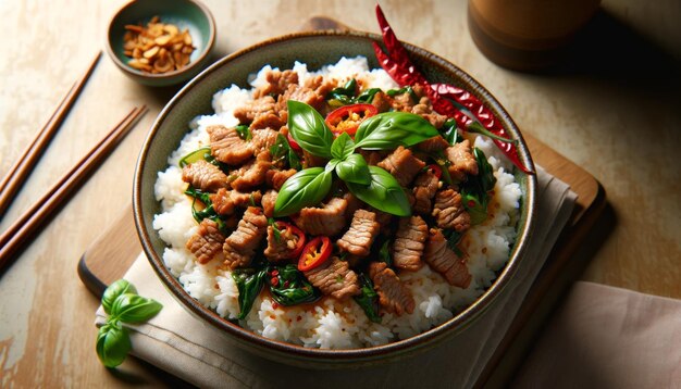 Photo pad kra pao kai dao holy basil meat stirfry with fried egg