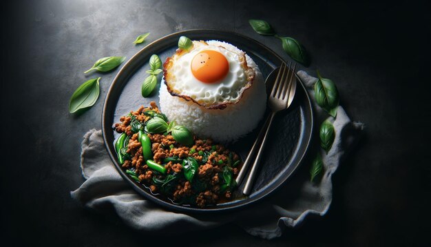 Photo pad kra pao kai dao holy basil meat stirfry with fried egg