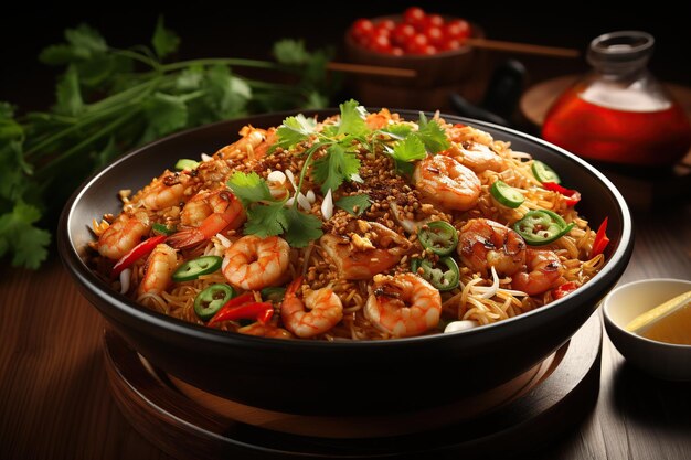 Pad Thai Een populair Thais noedelgerecht met roergebakken rijstnoedels, garnalen of kip, tofu, taugé en pinda'sGegenereerd met AI
