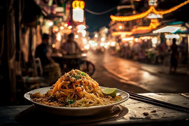 賑やかなタイのナイト マーケットで食べられる、食欲をそそる焼きそばのパッタイ