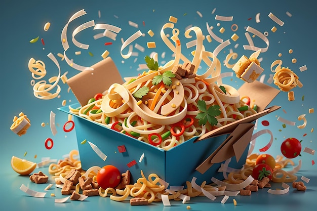 Pad thai noodles in box with falling ingredients 3d illustration