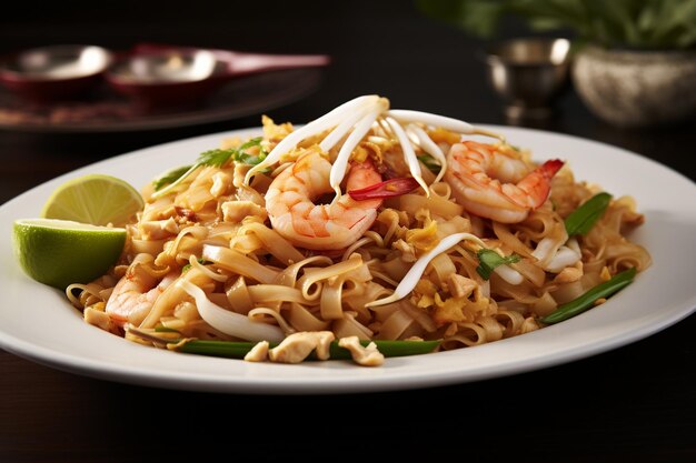 Pad thai in a white plate on a wooden table