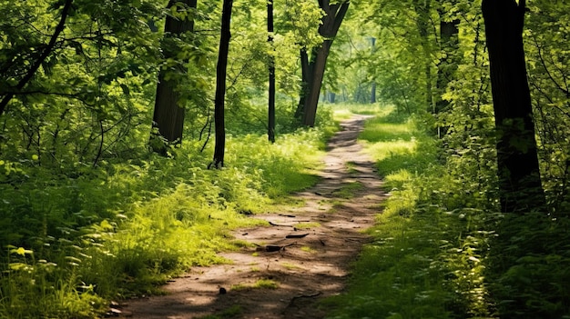 Pad voetpad in het bladverliezende bos in het voorjaar in de zomer in de ochtendzon