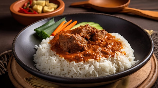 Padang cuisine rendang geserveerd met dampende basmatirijst met generatieve ai