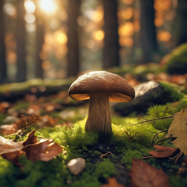 Paddenstoel in het mos op de bosbodem Mystieke goochelaar Herfst lichte stemming