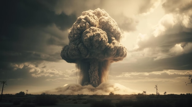 Paddenstoelwolk na atoombomexplosie in de stad Het concept van een nucleaire oorlog die AI heeft gegenereerd