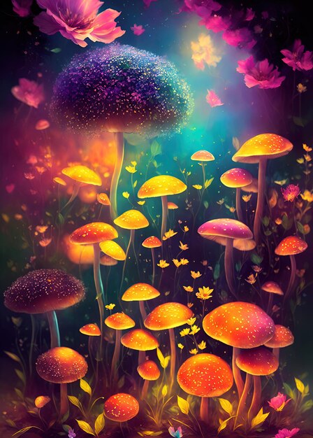 Paddestoelen en bloemen middernacht aura nachtelijke hemel gloeiende ultra gedetailleerde artistieke illustratie