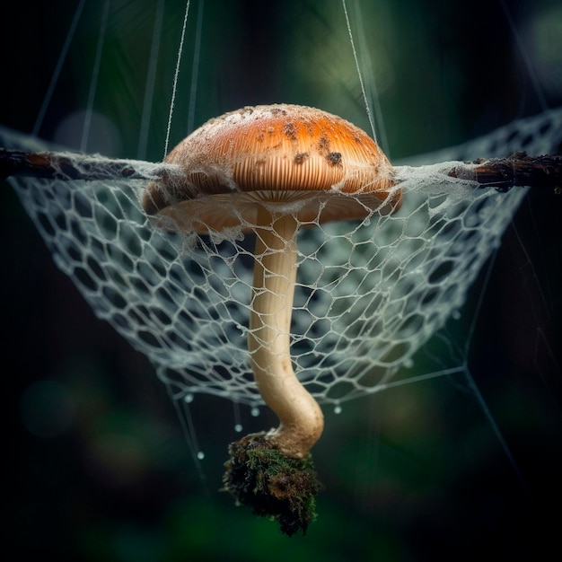 Paddestoelen in het spinnenweb in het bos