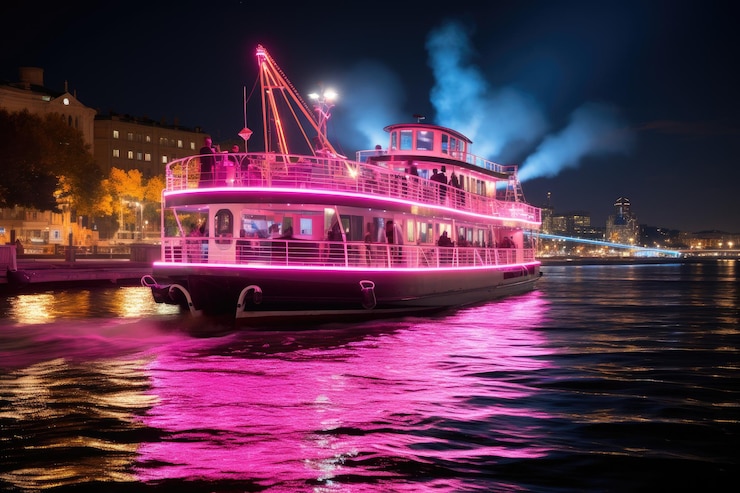paddle steamer boat with neon decorations professional photography