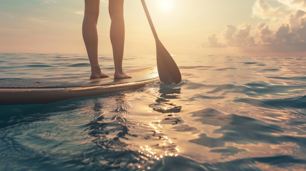 Paddleboarder39s feet on a board slicing through calm ocean waters at sunrise