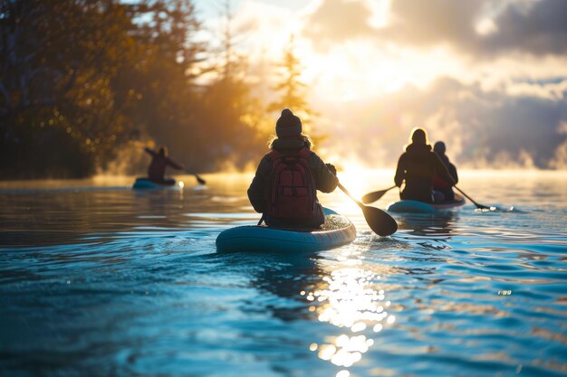 Foto paddleboardgroep op het meer bij zonsopgang