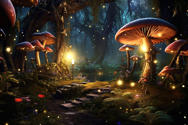 Paddo's vliegenzwam in het bos een fantastisch bosstruikgewas Gloeiende paddenstoelen Generatieve AI-illustratie