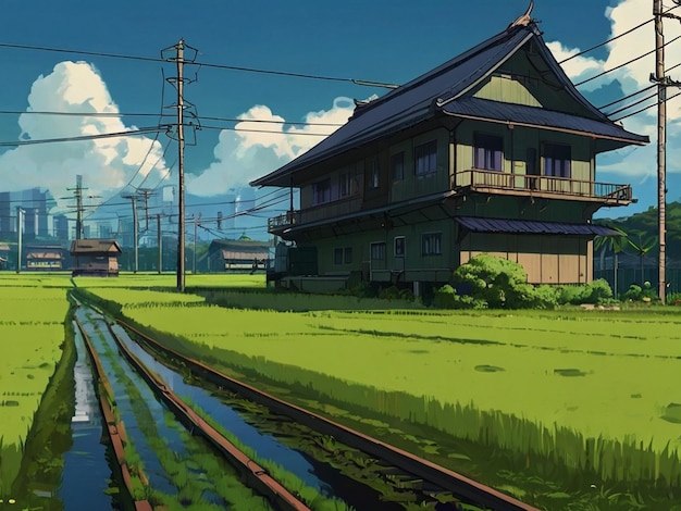 Paddy field with houses in the middle With train tracks painted in Studio Ghibli style Made by AI