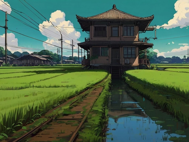 Рысовое поле с домами посередине с железнодорожными путями, нарисованными в стиле Studio Ghibli, сделанными ИИ.