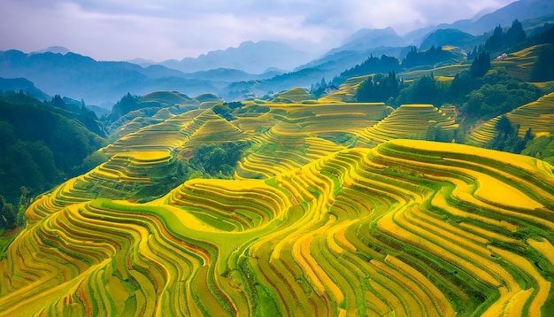 Padievelden op terrassen van Mu Cang Chai YenBai Vietnam De rijstvelden bereiden de oogst voor op Northwe