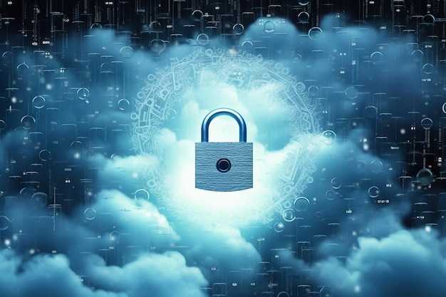 A padlock on a blue background with clouds and a key.