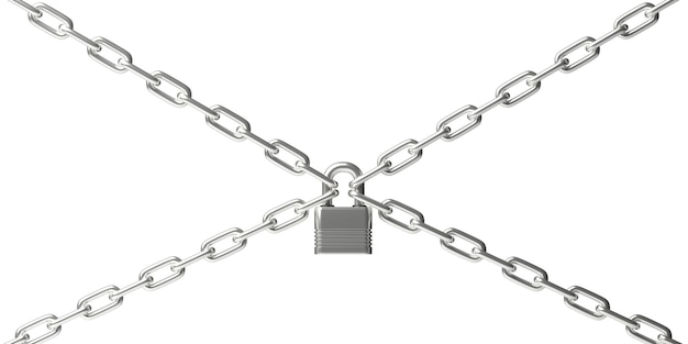 Padlock closed on four chains isolated against white background 3d illustration