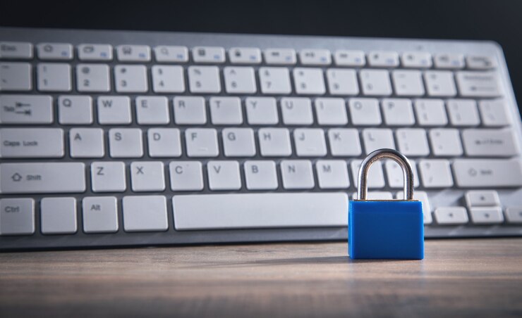 Photo padlock and computer keyboard. security